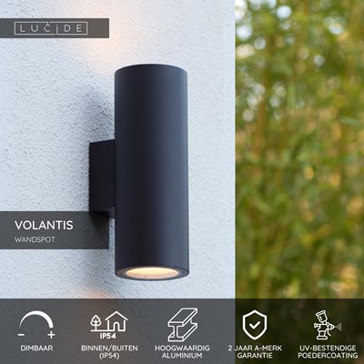 Lucide VOLANTIS - Wandspot / Wandlamp Binnen/Buiten - 2xE27 - IP54 - Zwart